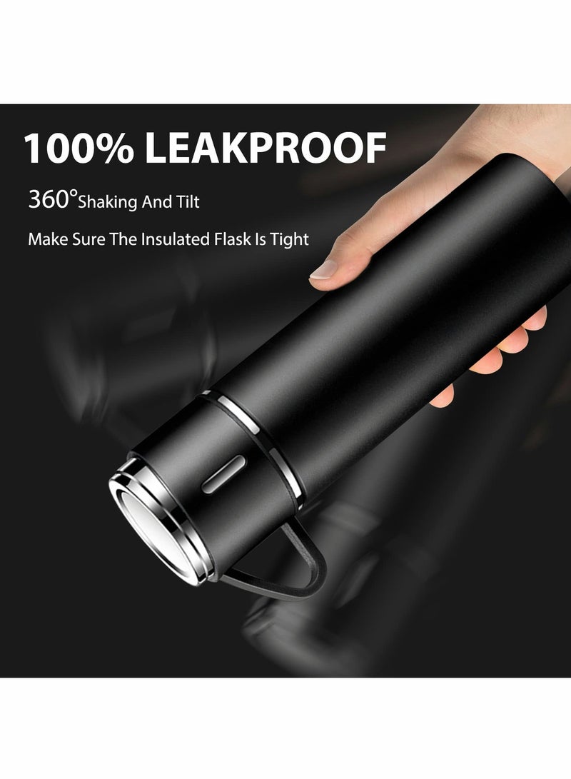 Water Bottle 500ml Vacuum Flask, Insulated Travel Mug with Leakproof Lid and Handle, Reusable Drinks Bottles Stays Coffee Tea Hot and Cold Up to 12 Hours for Work Sports Camping Cycling, Black - Image 3
